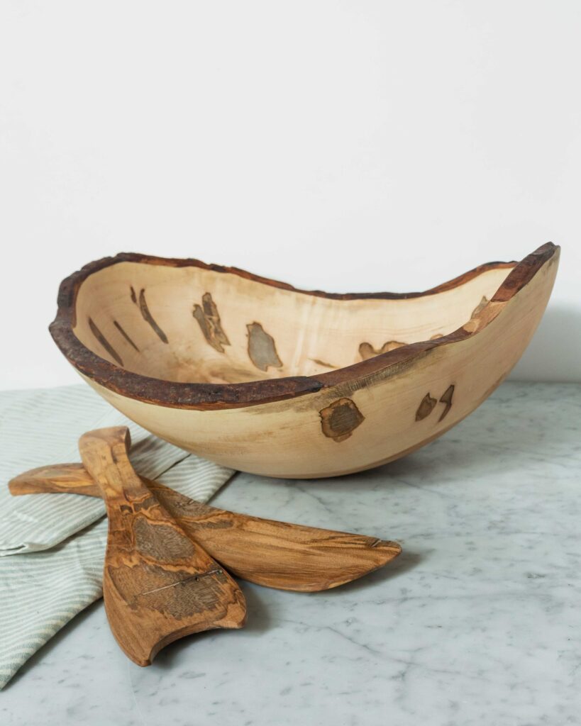 Live edge Ambrosia Maple Bowl and salad tossers