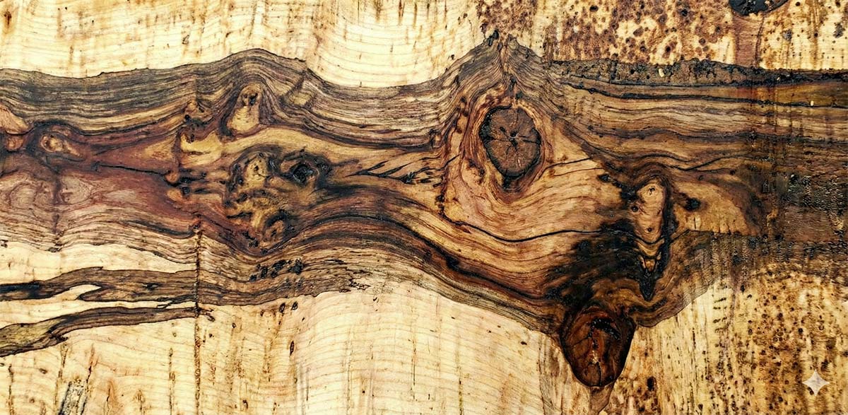 Close-up of ambrosia maple grain with dark streaks and natural color variation