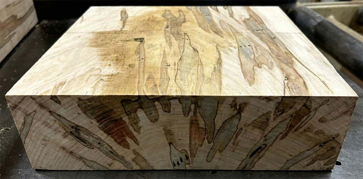 Ambrosia maple block before turning, showing sapwood staining and beetle marks