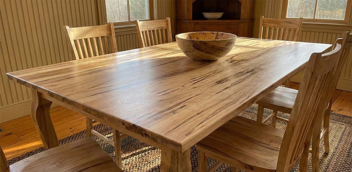 Handcrafted ambrosia maple dining table with visible streaks across the surface