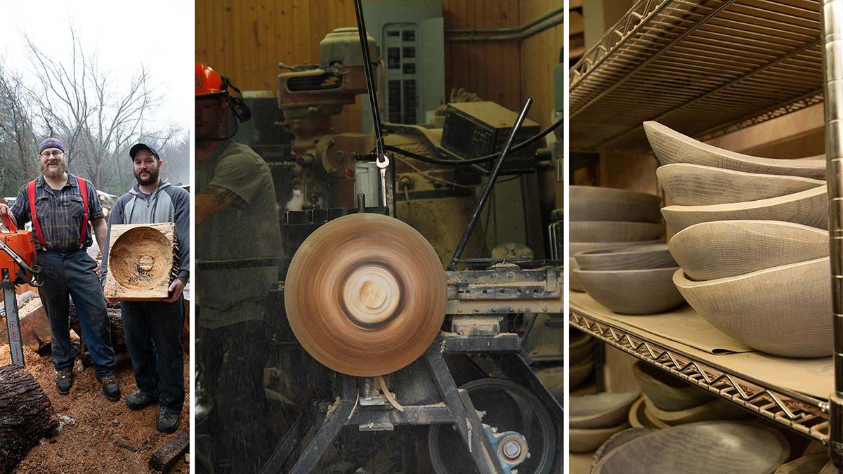 Hand turned wooden bowls in production, from chainsaw-cut wood to lathe turning and drying shelves