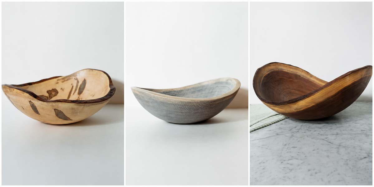three panel image showing ambrosia maple, driftwood stained oak and black walnut hand-turned wooden bowls