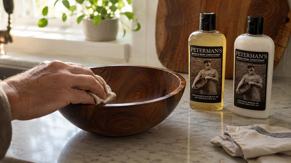 a black walnut wood bowl getting some TLC using Spencer Peterman's food safe wood conditioner.