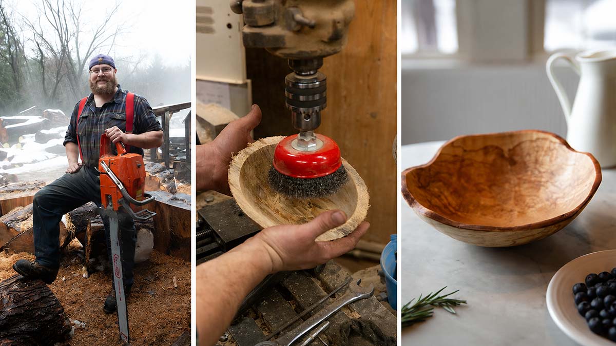 Crafting process behind hand turned wooden bowls, from chainsaw milling to sanding and finished bowl display