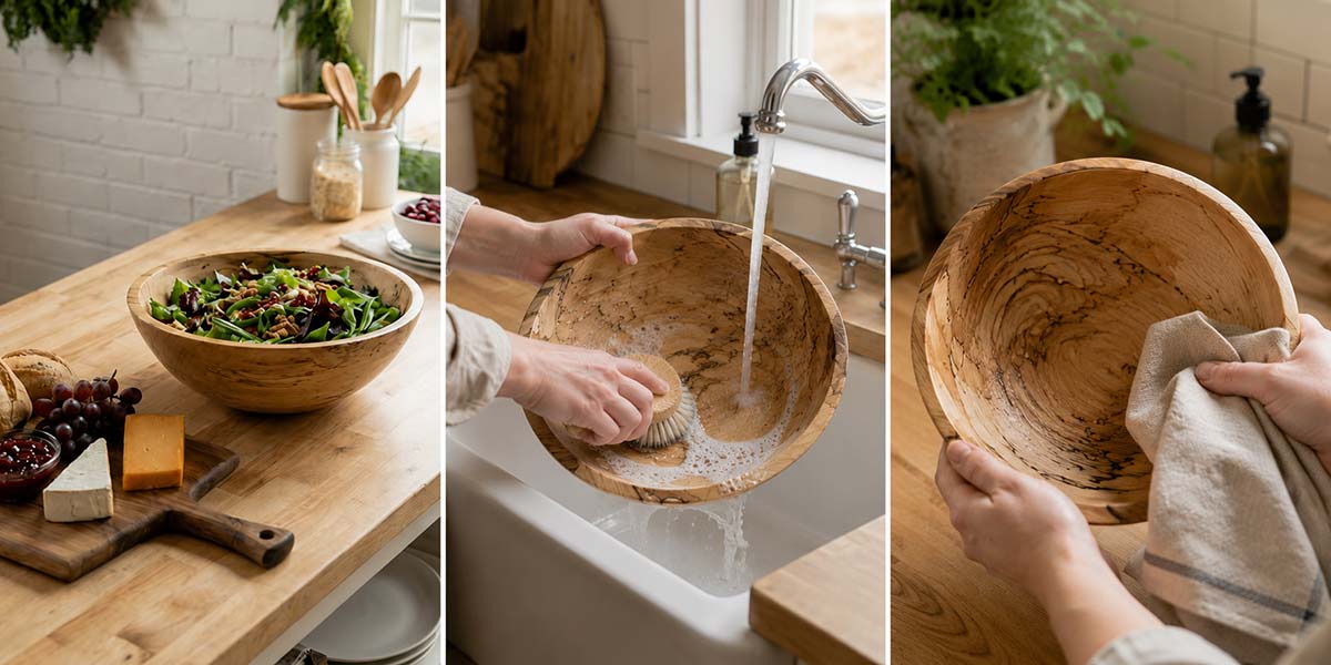 Example of handwashing a wooden bowl