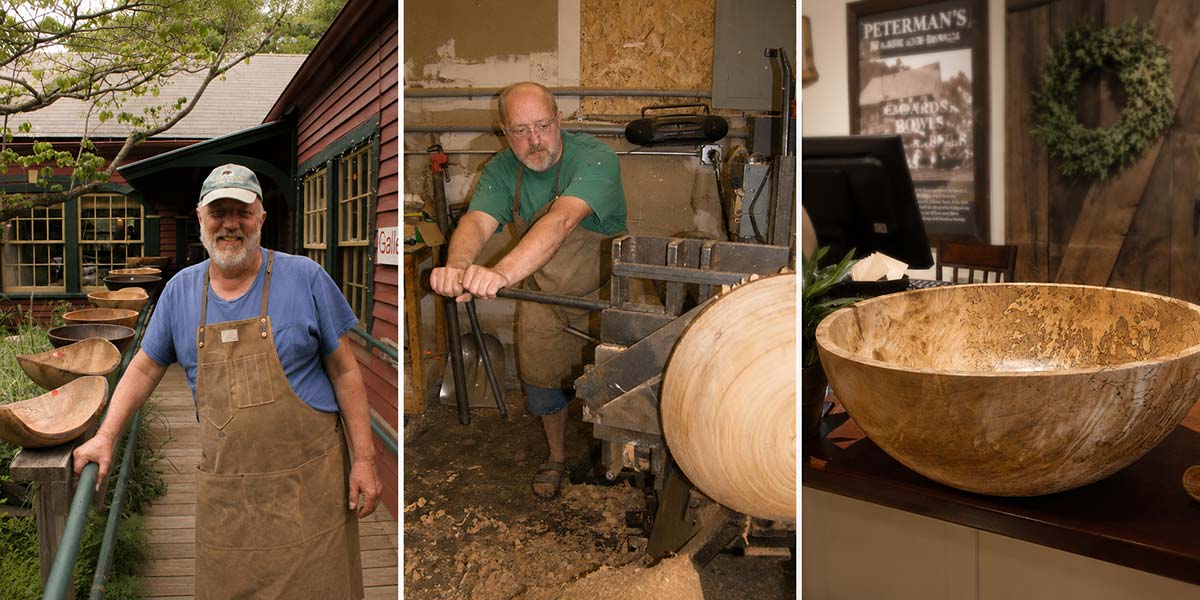 Spencer Peterman shaping hand turned wooden bowls in the workshop and gallery in Gill, Massachusetts
