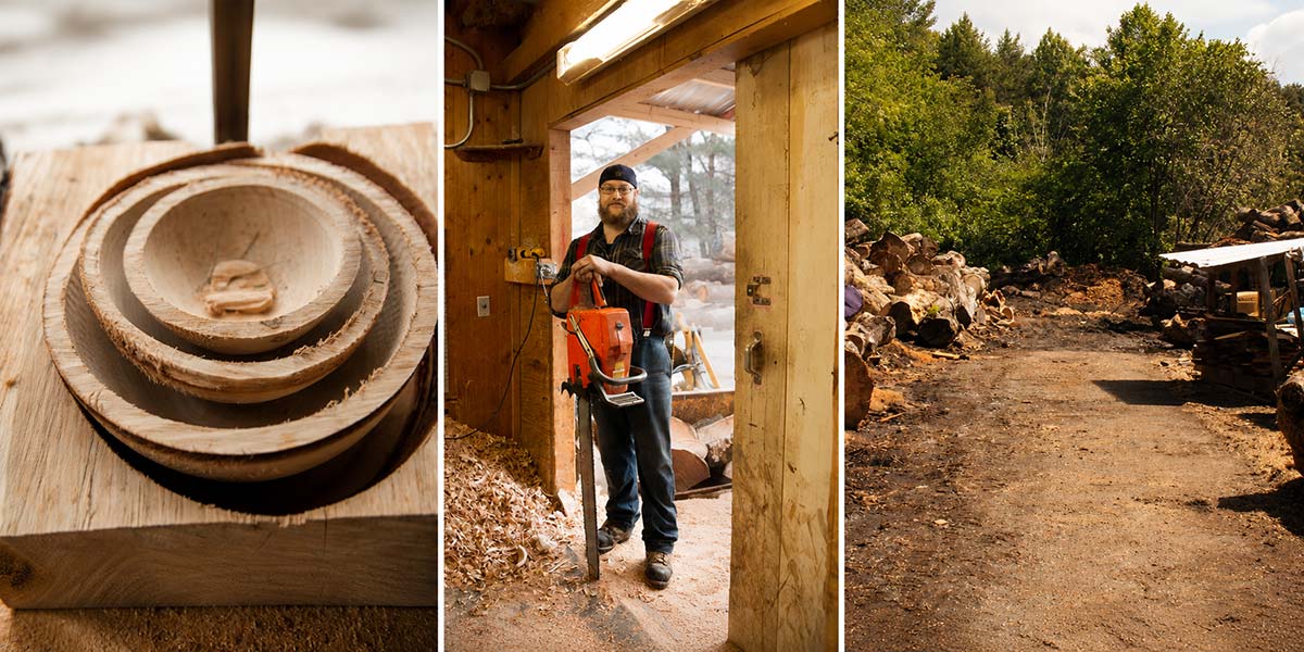 Behind the scenes look at hand turned wooden bowls being carved and sourced from locally fallen trees