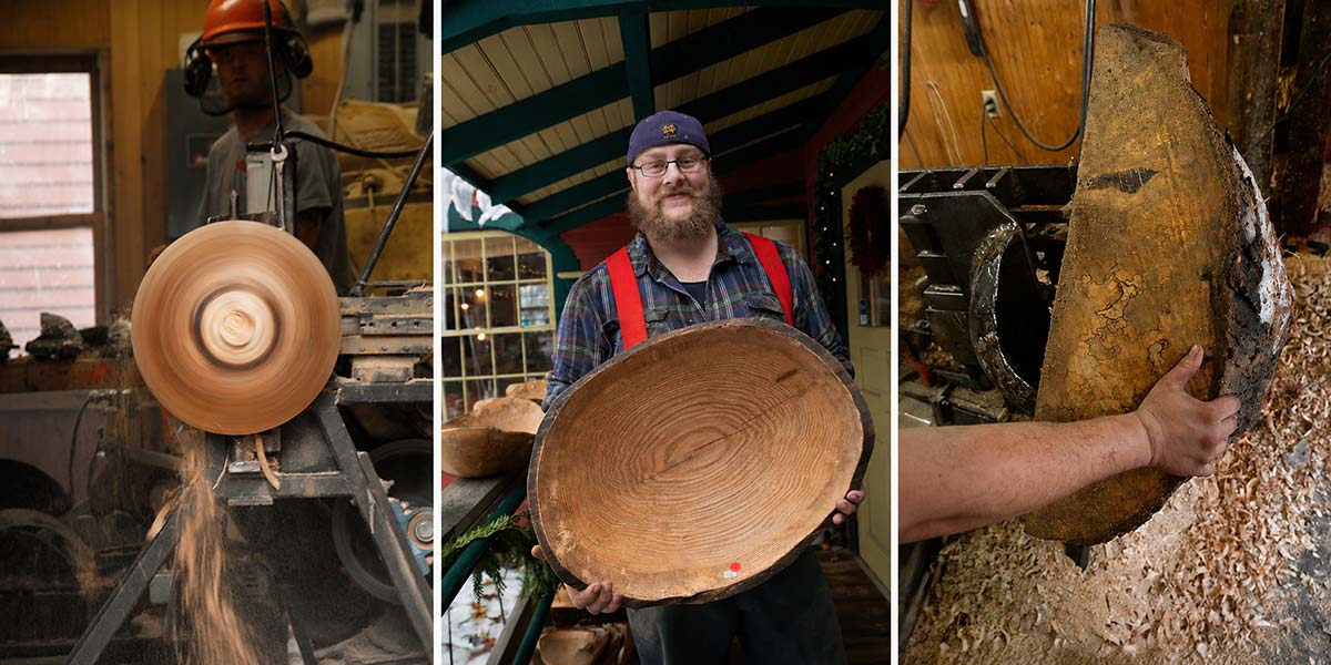 Woodworker creating hand turned wooden bowls on a lathe with natural hardwood slabs and finished pieces
