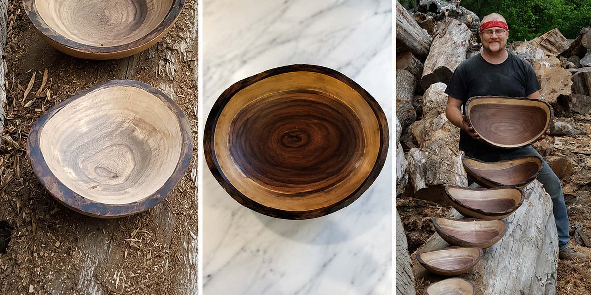 Collection of black walnut hand turned wooden bowls shown from raw wood to finished artisan forms