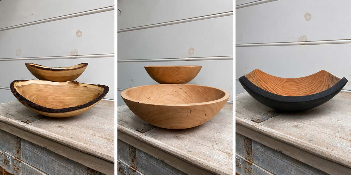 Rustic collection of hand turned wooden bowls featuring live-edge hardwood cherry, sculptural live edge serving bowls and square cherry bowls