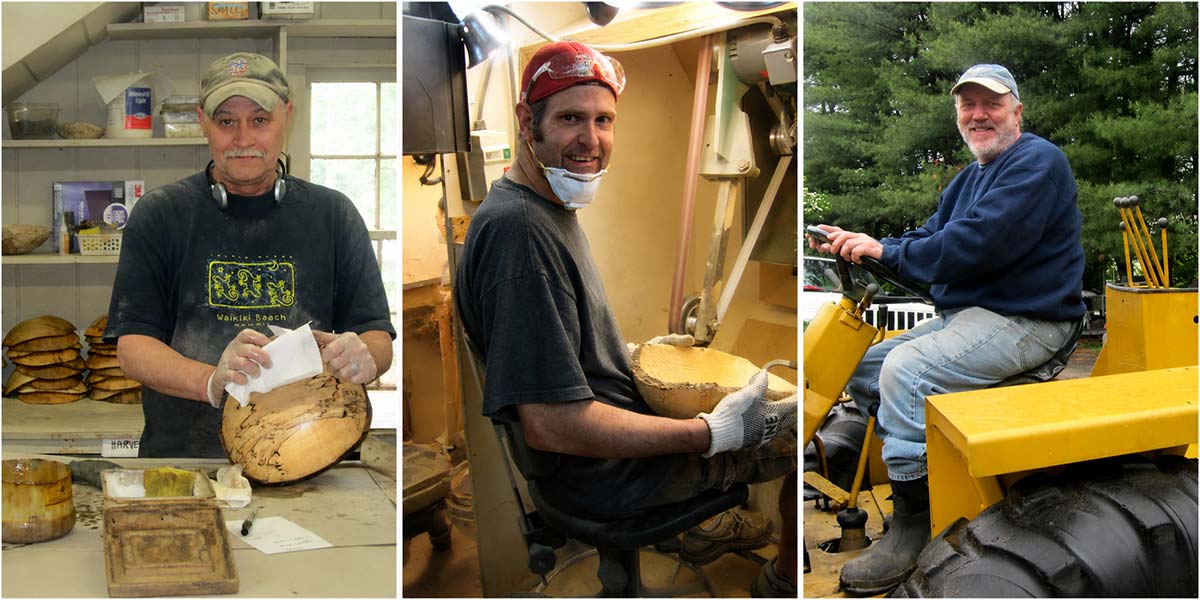 Artisans finishing and transporting hand turned wooden bowls in the Spencer Peterman woodworking studio