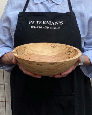 Small 10-inch spalted maple round wooden bowl, featuring natural spalting patterns and smooth finish.