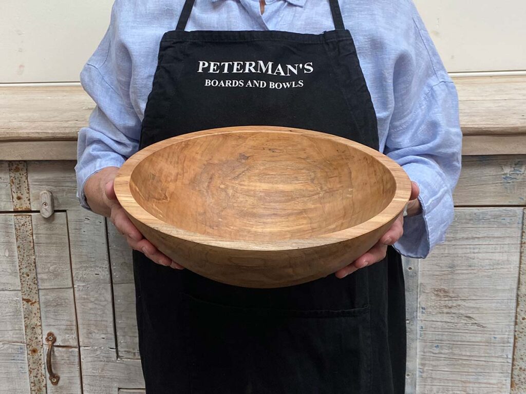 Medium 13-inch spalted maple round wooden bowl, striking natural spalting with organic character.