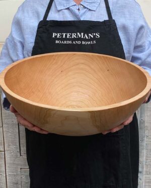 Large 15-inch cherry wooden bowl, handcrafted round design, food safe for serving or salad use.