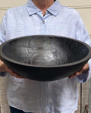 Large 15-inch ebonized oak round wooden bowl, hand-turned black finish, food safe serving bowl.