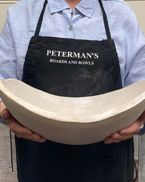 Large 15-inch white pearl oak oval, live edge wooden bowl, elegant light finish, food safe for entertaining or salad.