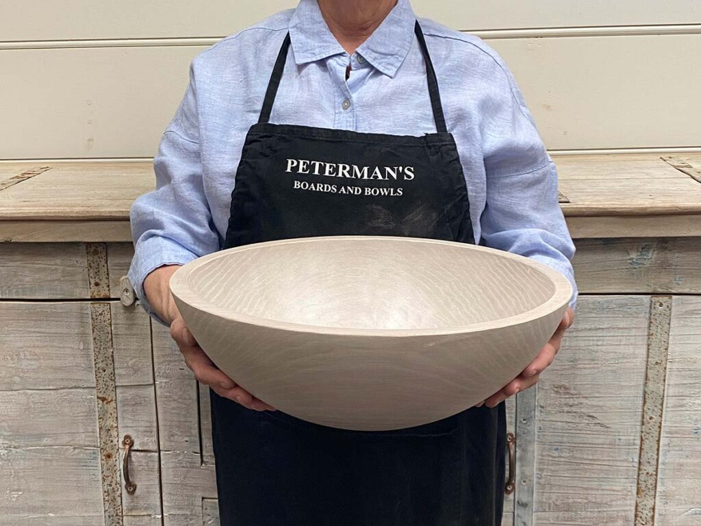 Large 15-inch white pearl oak round wooden bowl, smooth handcrafted finish, food safe and versatile.