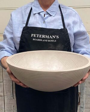 Large 15-inch white pearl oak round wooden bowl, smooth handcrafted finish, food safe and versatile.