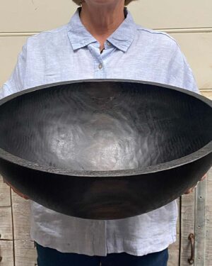 Extra large 18-inch ebonized oak round wooden bowl, striking black finish, food safe handcrafted serving piece.