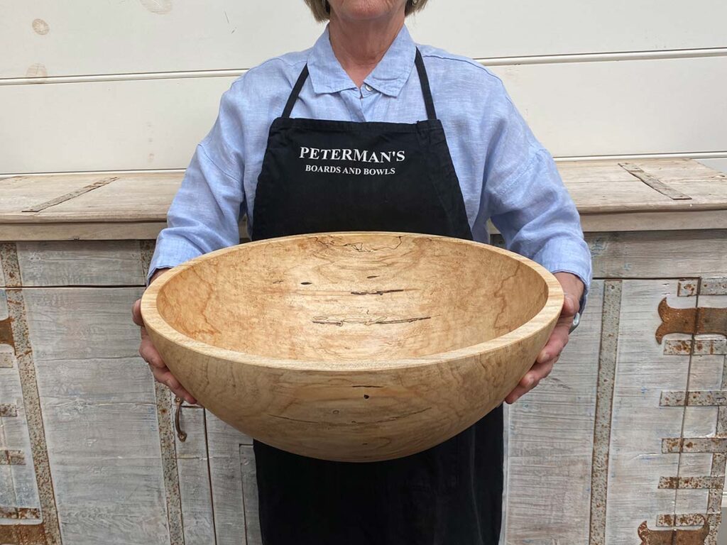 Extra large 18-inch spalted maple round wooden bowl, natural artistic grain, food safe for salad or display.