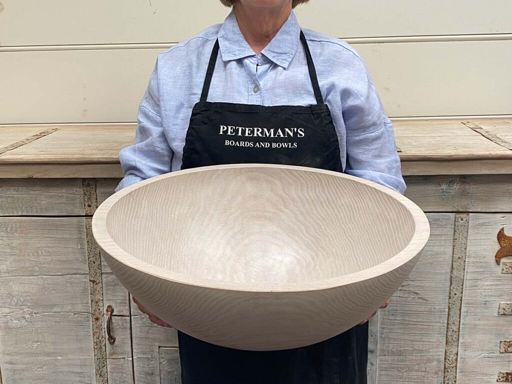 Extra large 18-inch White Pearl Oak wooden round bowl, handcrafted and food-safe, ideal for serving or display.