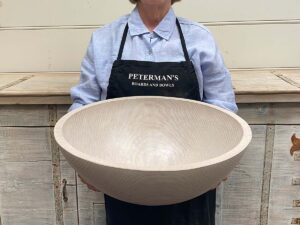 Extra large 18-inch White Pearl Oak wooden round bowl, handcrafted and food-safe, ideal for serving or display.