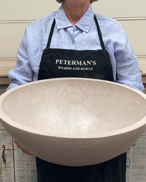 Extra large 18-inch White Pearl Oak wooden round bowl, handcrafted and food-safe, ideal for serving or display.