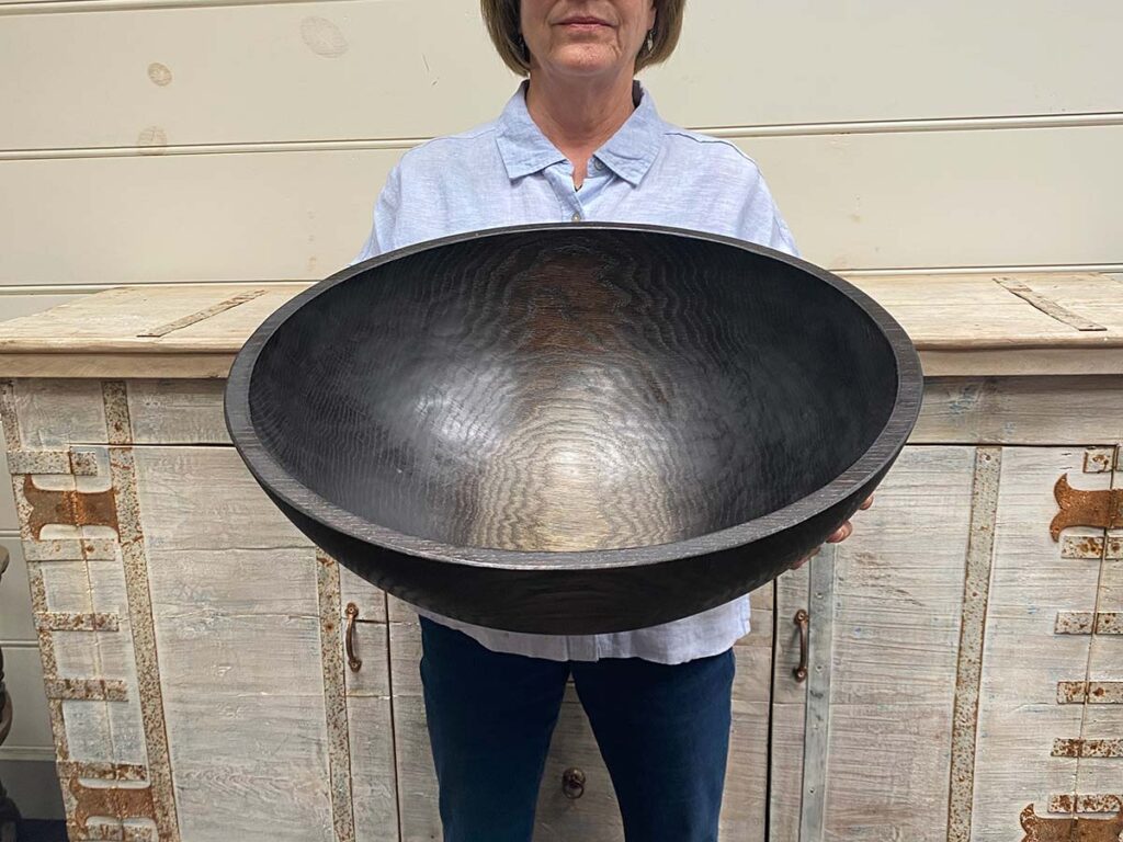 XXL jumbo 21-inch Ebonized Oak round wooden bowl, hand-carved, food-safe, striking dark finish for salads or decor.