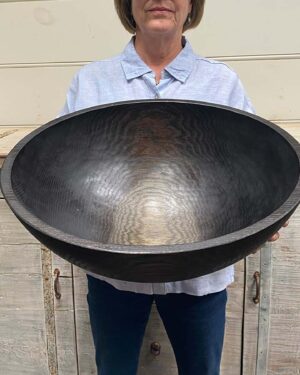 XXL jumbo 21-inch Ebonized Oak round wooden bowl, hand-carved, food-safe, striking dark finish for salads or decor.