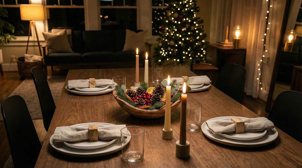 Warm holiday dining table set with candles, linen napkins, and a simple wooden centerpiece