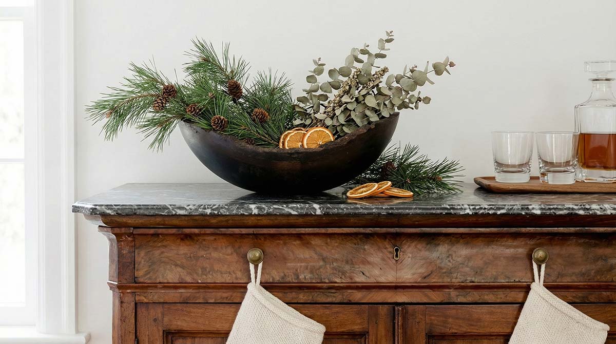 Wooden bowl centerpiece filled with evergreen branches, pinecones, and dried citrus on a sideboard