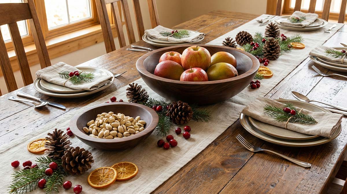 Wooden serving bowls filled with apples and nuts arranged along a holiday table runner