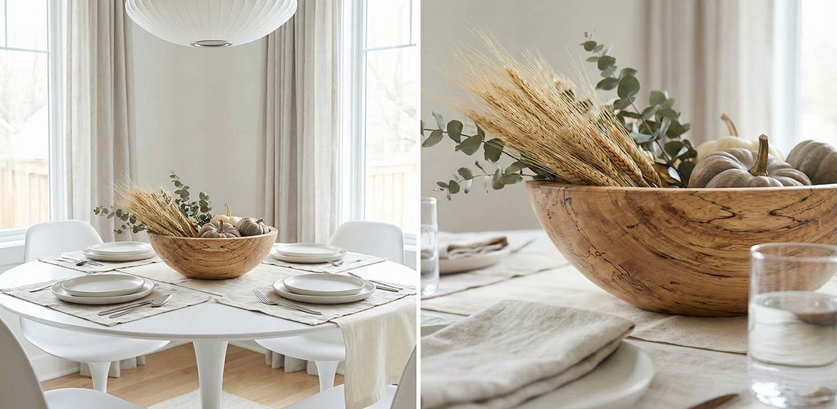 Minimal holiday table with a large wooden bowl centerpiece in a bright dining room