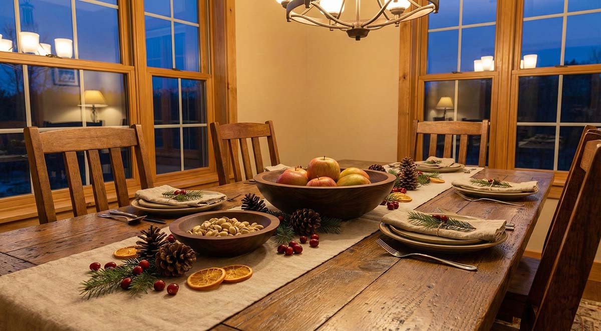 Wooden serving bowls filled with apples and nuts arranged along a holiday table runner