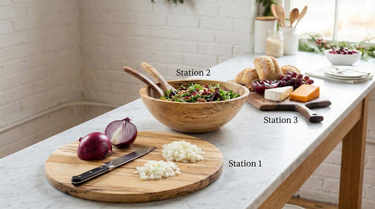 Kitchen counter organized into three stations with a cutting board, mixing bowl, and serving area.
