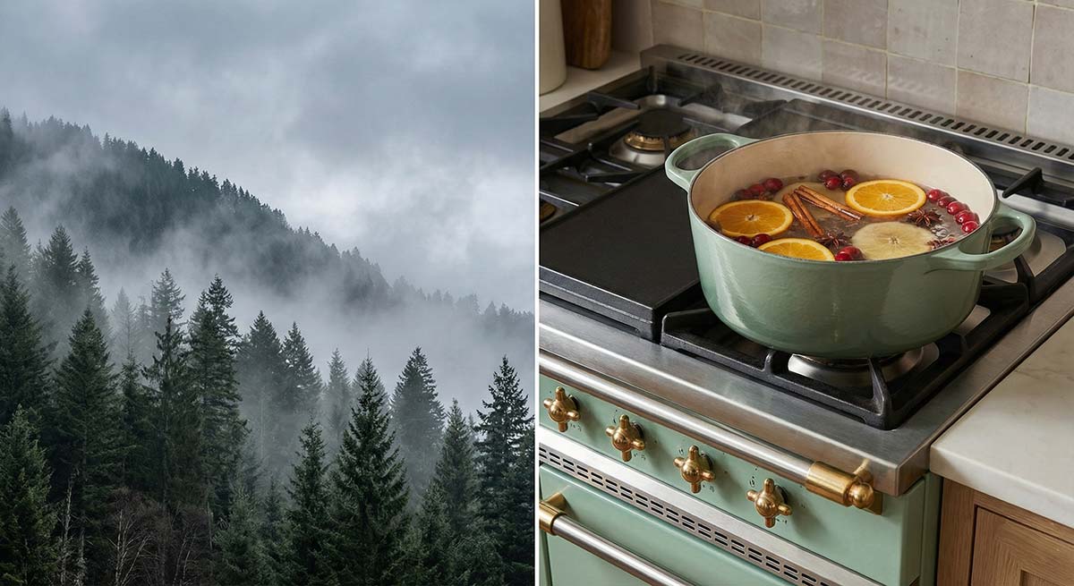 Split image showing a misty pine forest and a stovetop pot simmering with lemon slices and cinnamon.