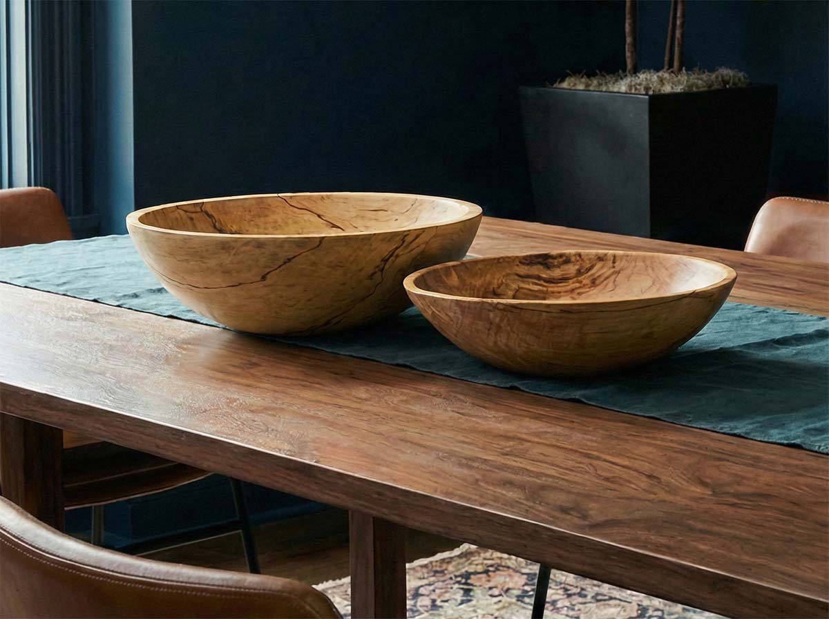 Round spalted maple wooden bowls in 13-inch and 10-inch sizes showing natural grain and spalting patterns