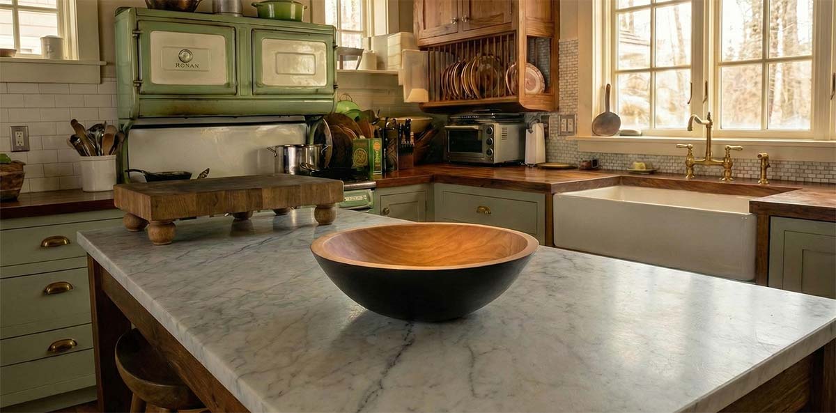 Hand-turned wooden bowl centered on a kitchen island in a warm, lived-in winter kitchen