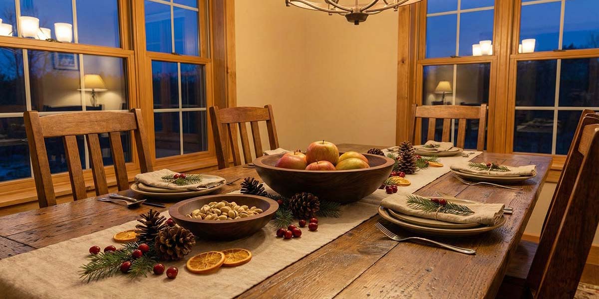 Winter table set with wooden bowls, plates, and seasonal greens by candlelight