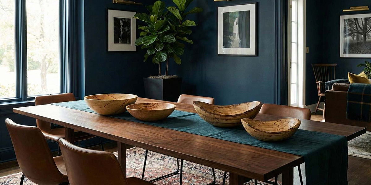 Wooden bowls arranged along a dining table runner in a quiet, modern dining room