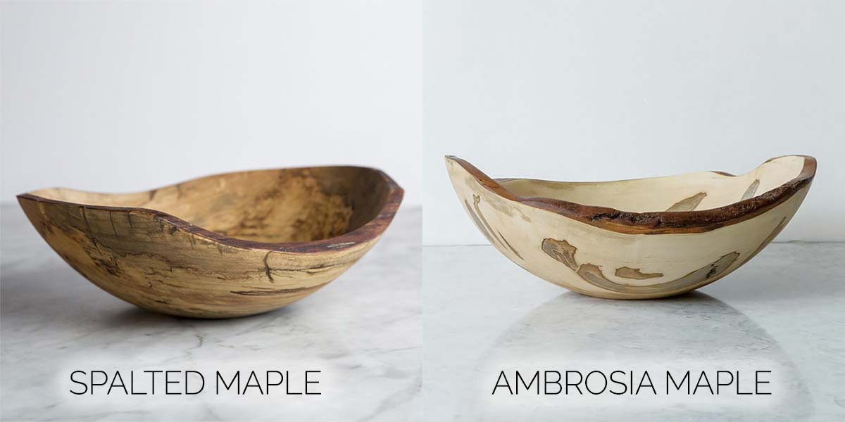Spalted maple vs Ambrosia maple wooden bowls shown side by side to compare grain patterns
