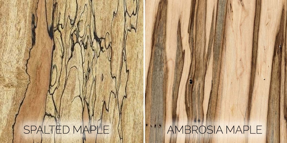 Close-up comparison of spalted maple wood grain and ambrosia maple streaking