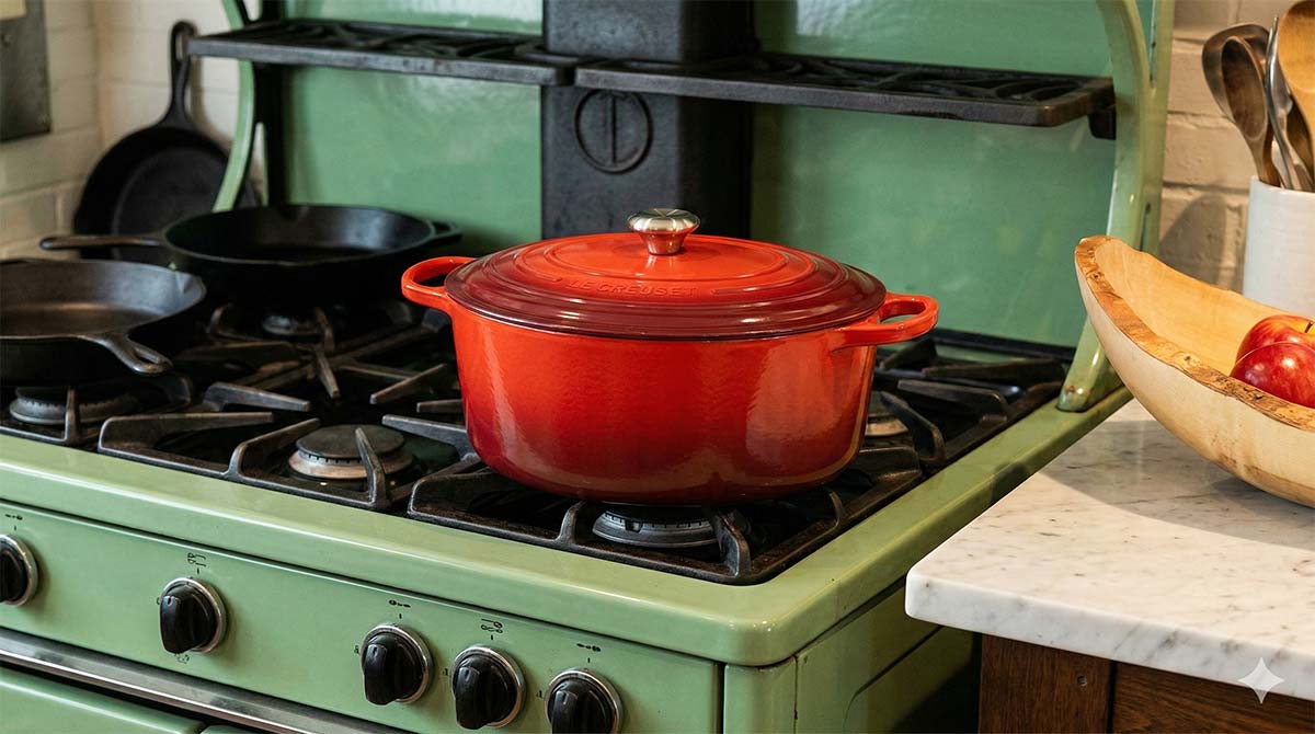 Late winter kitchen scene with Dutch oven on stove and wooden bowl on counter