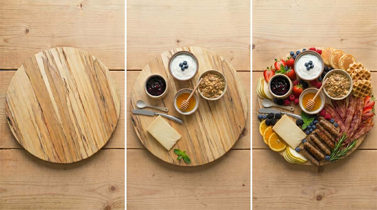 breakfast charcuterie board assembly showing empty wooden board, partial ingredients, and finished spread with waffles, fruit, bacon, and yogurt