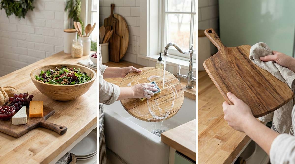 3 panel image outlining wood care and maintenance