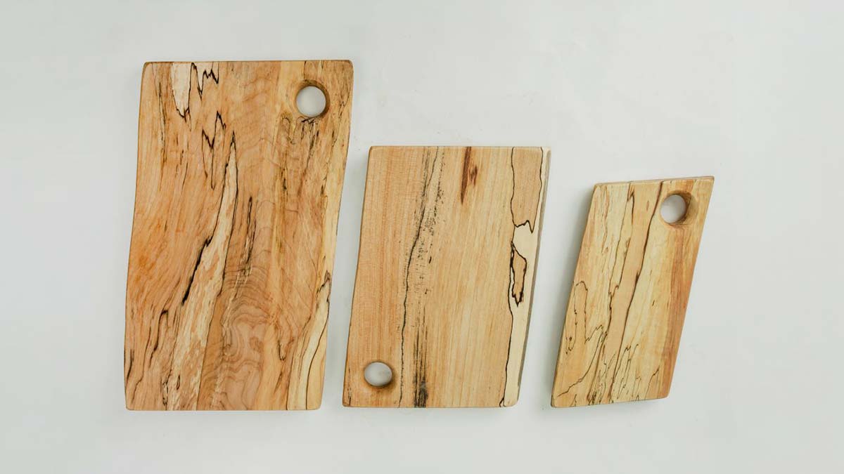 Heirloom gifts for mom set of rectangular spalted maple cutting boards with natural grain patterns and hanging holes