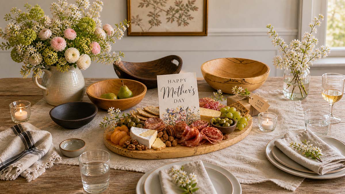 Wide tabletop view of a Mother’s Day charcuterie board with flowers, candles, wooden bowls, and a card set at the center