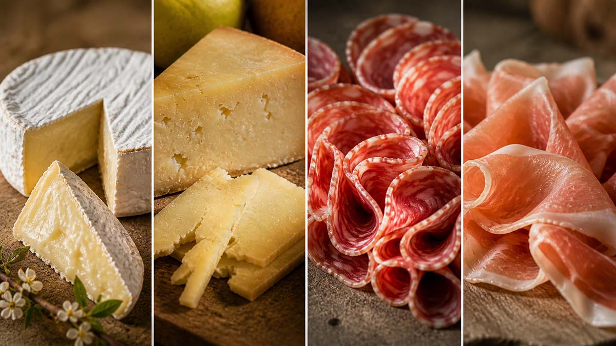 Close-up four-panel image of brie, cheddar, folded salami, and prosciutto styled on a wooden surface