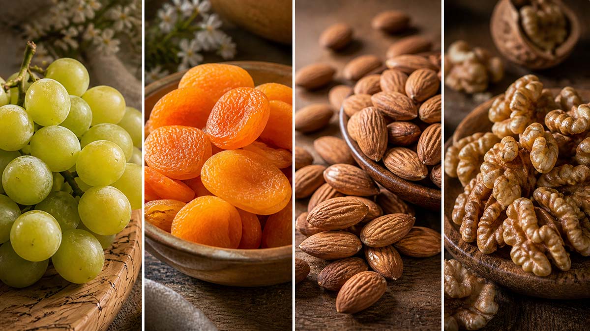 Four-panel image of green grapes, dried apricots, almonds, and walnut halves arranged in rustic bowls