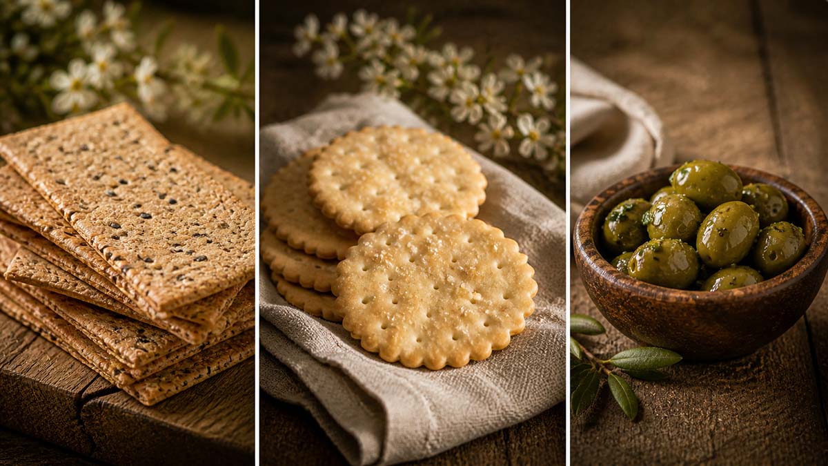 Triptych image of seeded crackers, round crackers, and a small wooden bowl of green olives